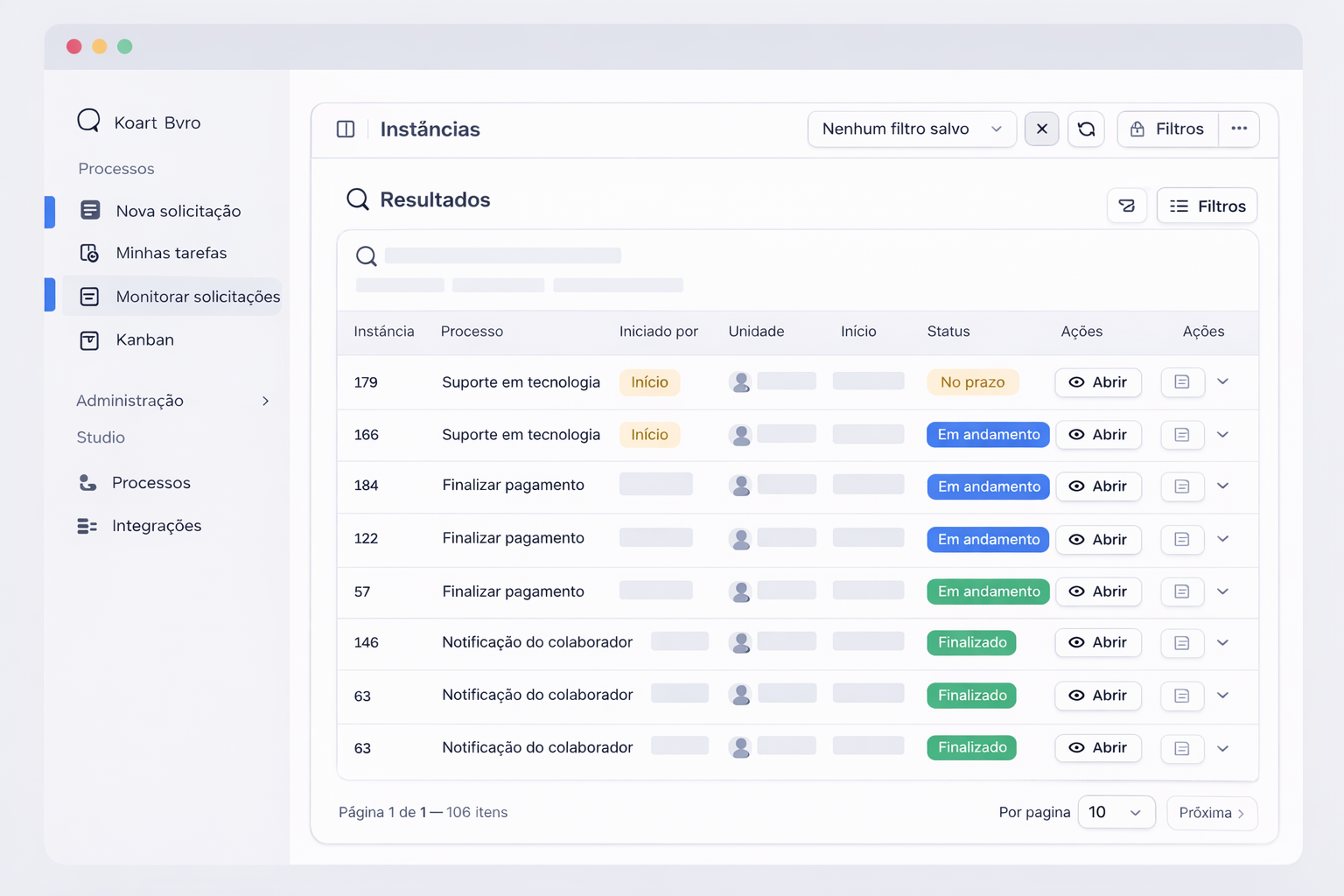 Tela do sistema mostrando monitoramento de soluções e prazos